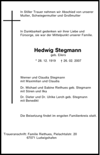 Traueranzeige von Hedwig Stegmann von Tageszeitung