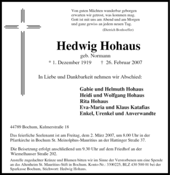 Traueranzeige von Hedwig Hohaus von Tageszeitung