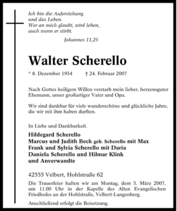 Traueranzeige von Walter Scherello von Tageszeitung