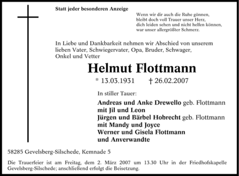  Traueranzeige für Helmut Flottmann vom 28.02.2007 aus Tageszeitung