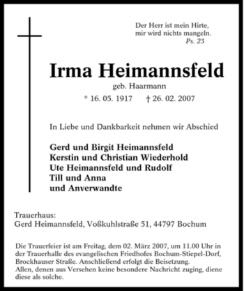 Traueranzeige von Irma Heimannsfeld von Tageszeitung