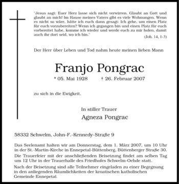 Traueranzeige von Franjo Pongrac von Tageszeitung
