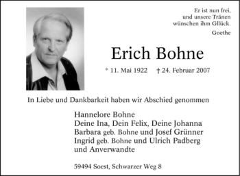 Traueranzeige von Erich Bohne von Tageszeitung