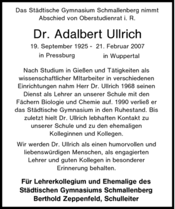 Traueranzeige von Adalbert Ullrich von Tageszeitung