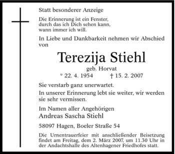 Traueranzeige von Terezija Stiehl von Tageszeitung