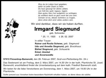 Traueranzeige von Irmgard Siegmund von Tageszeitung