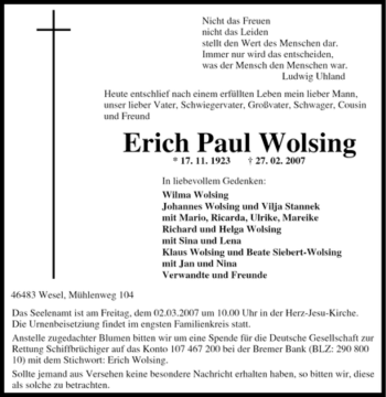 Traueranzeige von Erich Paul Wolsing von Tageszeitung