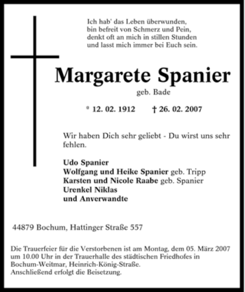 Traueranzeige von Margarete Spanier von Tageszeitung
