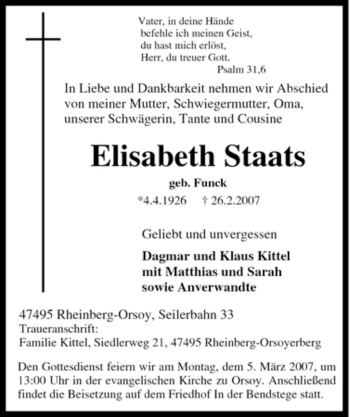 Traueranzeige von Elisabeth Staats von Tageszeitung