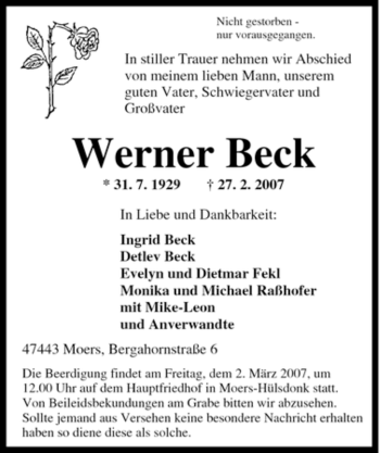 Traueranzeige von Werner Beck von Tageszeitung