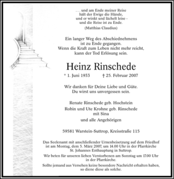 Traueranzeige von Heinz Rinschede von Tageszeitung