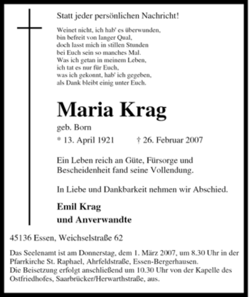 Traueranzeige von Maria Krag von Tageszeitung