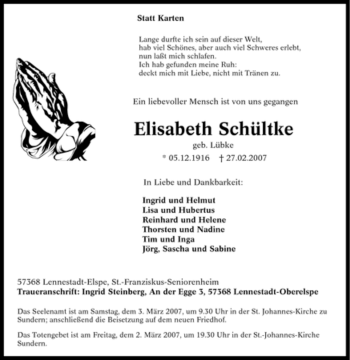 Traueranzeige von Elisabeth Schültke von Tageszeitung