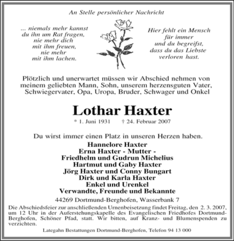 Traueranzeigen von Lothar Haxter | Trauer-in-NRW.de