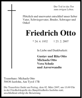 Traueranzeige von Friedrich Otto von Tageszeitung