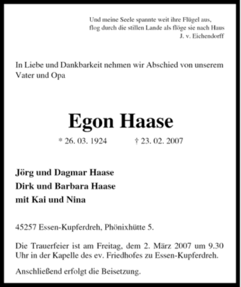 Traueranzeige von Egon Haase von Tageszeitung