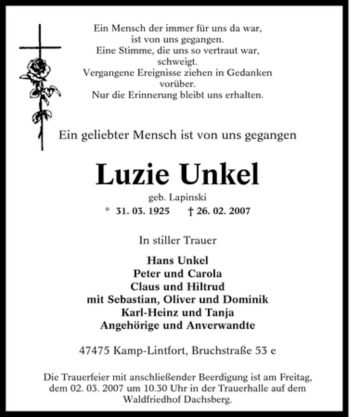 Traueranzeige von Luzie Unkel von Tageszeitung