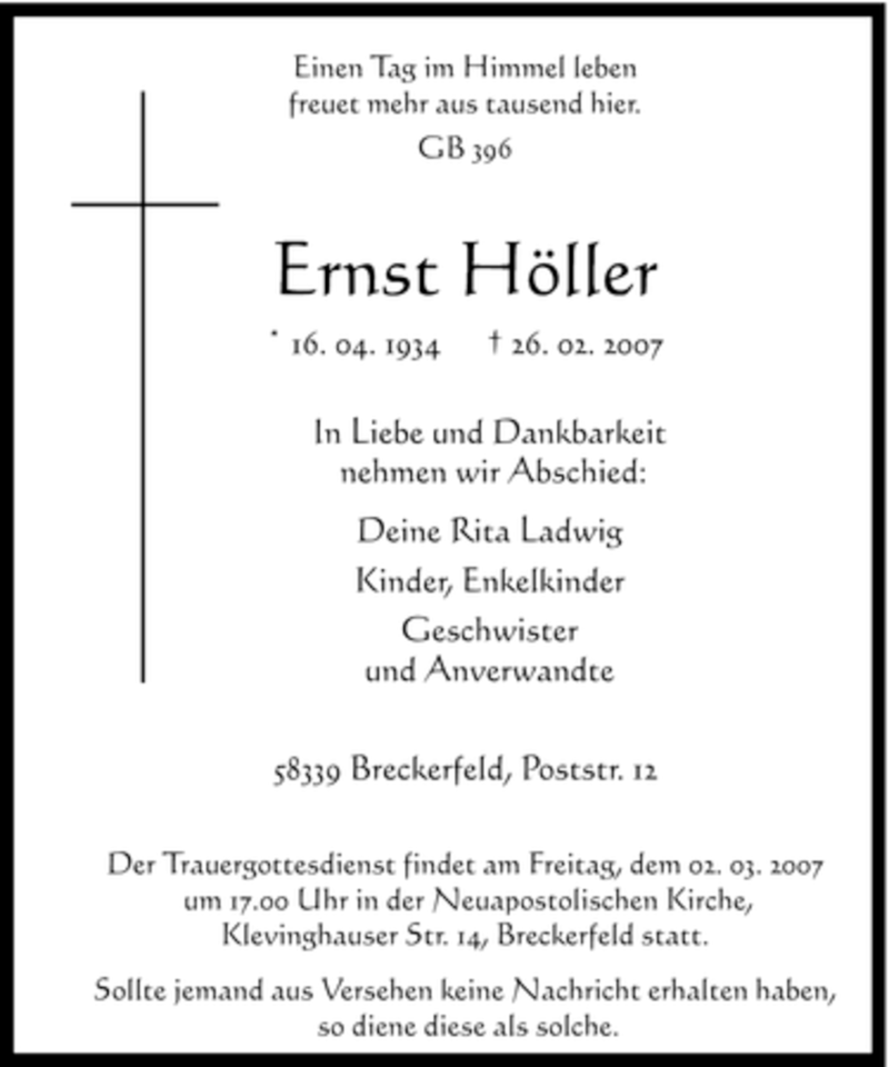  Traueranzeige für Ernst Höller vom 28.02.2007 aus Tageszeitung