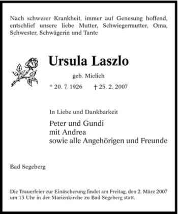 Traueranzeige von Ursula Laszlo von Tageszeitung
