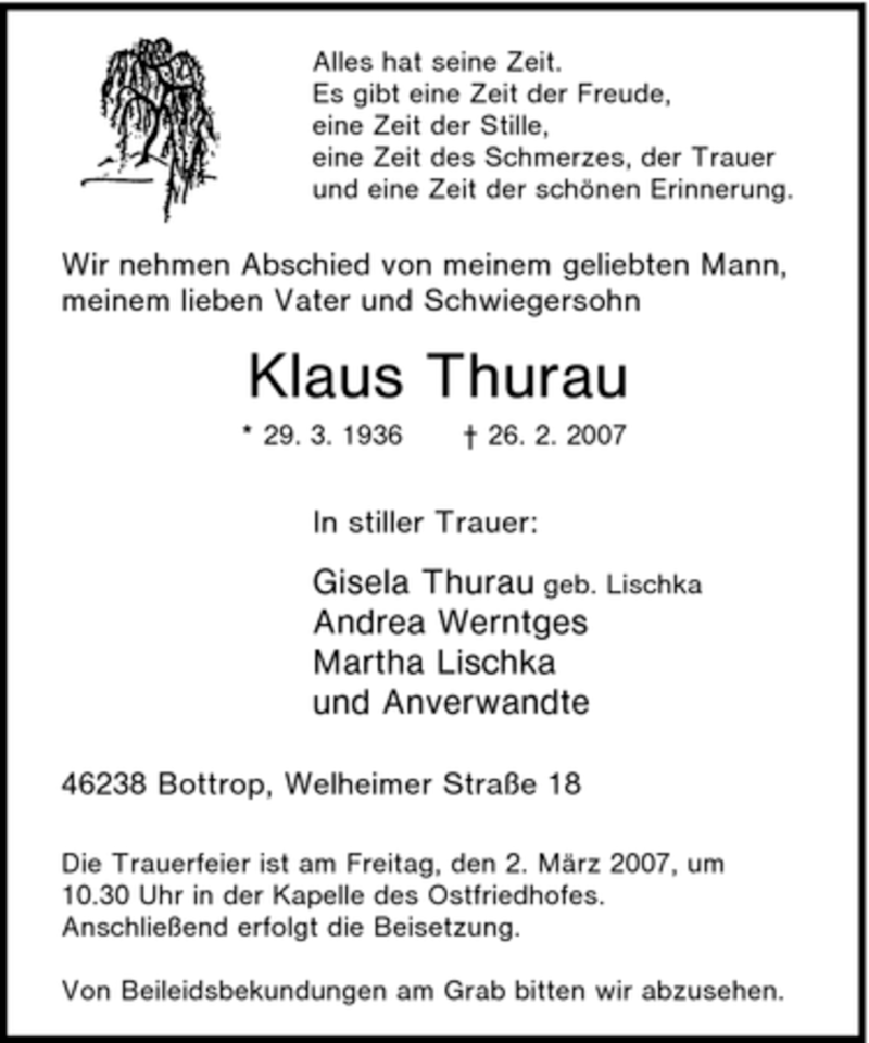  Traueranzeige für Klaus Thurau vom 28.02.2007 aus Tageszeitung