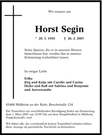 Traueranzeige von Horst Segin von Tageszeitung