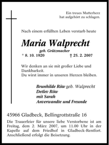 Traueranzeige von Maria Walprecht von Tageszeitung