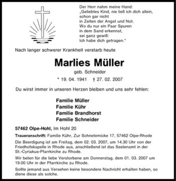 Traueranzeige von Marlies Müller von Tageszeitung
