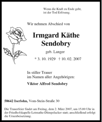 Traueranzeige von Irmgard Käthe von Tageszeitung