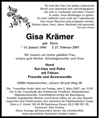 Traueranzeige von Gisa Krämer von Tageszeitung