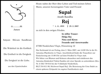 Traueranzeige von Supal Anath Bandhu Rej von Tageszeitung