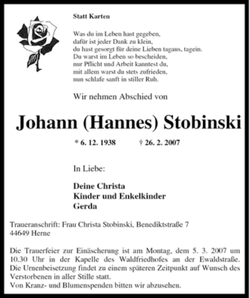 Traueranzeige von Johann Stobinski von Tageszeitung