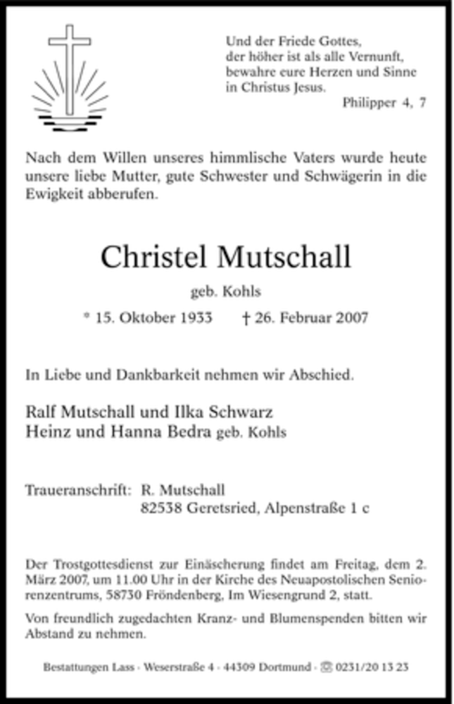  Traueranzeige für Christel Mutschall vom 28.02.2007 aus Tageszeitung