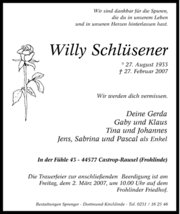 Traueranzeige von Willy Schlüsener von Tageszeitung