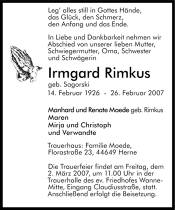 Traueranzeige von Irmgard Rimkus von Tageszeitung