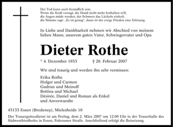Traueranzeige von Dieter Rothe von Tageszeitung