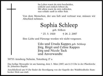 Traueranzeige von Sophia Schleep von Tageszeitung