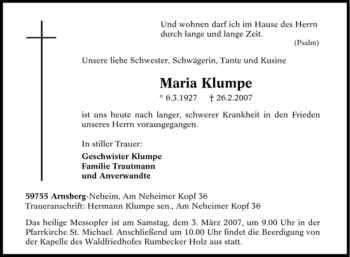 Traueranzeige von Maria Klumpe von Tageszeitung