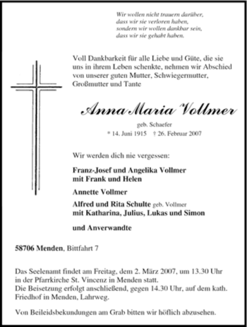 Traueranzeige von Anna Maria Vollmer von Tageszeitung