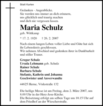 Traueranzeige von Maria Schulz von Tageszeitung