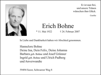 Traueranzeige von Erich Bohne von Tageszeitung