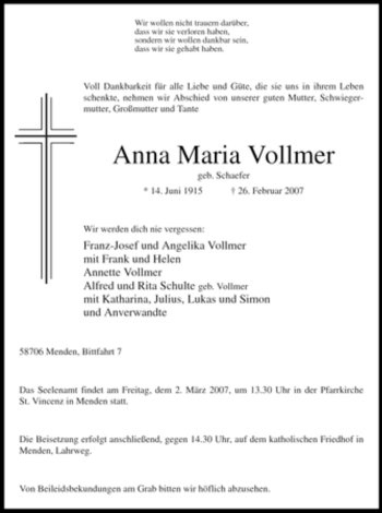Traueranzeige von Anna Maria Vollmer von Tageszeitung