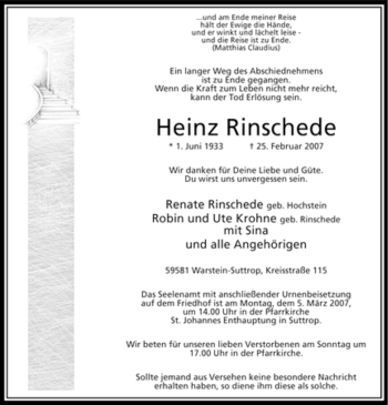 Traueranzeige von Heinz Rinschede von Tageszeitung