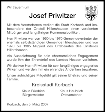 Traueranzeige von Josef Priwitzer von Tageszeitung