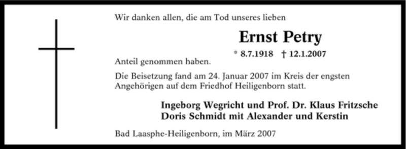  Traueranzeige für Ernst Petry vom 01.03.2007 aus Tageszeitung