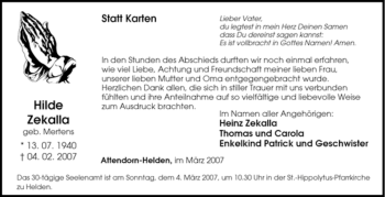 Traueranzeige von Hilde Zekalla von Tageszeitung