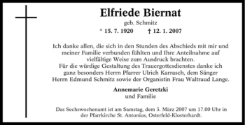 Traueranzeige von Elfriede Biernat von Tageszeitung