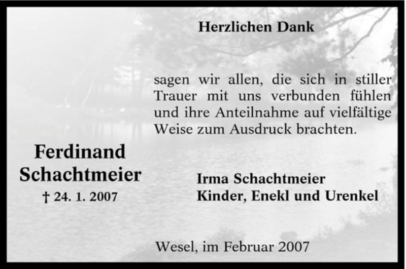  Traueranzeige für Ferdinand Schachtmeier vom 01.03.2007 aus Tageszeitung