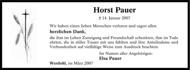  Traueranzeige für Horst Pauer vom 03.03.2007 aus Tageszeitung