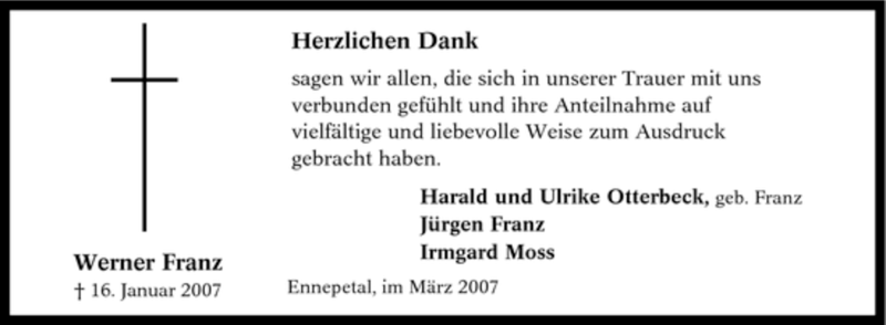  Traueranzeige für Werner Franz vom 03.03.2007 aus Tageszeitung