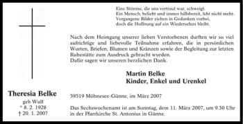 Traueranzeige von Theresia Belke von Tageszeitung